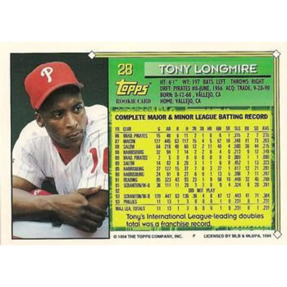 1994 Topps Tony Longmire FS, RC # 28 Philadelphia Phillies